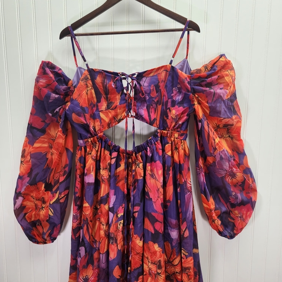 Loragal Vibrant Floral Chic Maxi Dress V- Neckline Wide Sleeves & Open Slit - Picture 7 of 14